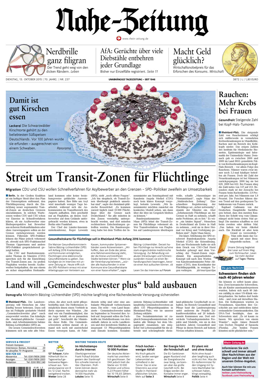 Nahe-Zeitung vom Dienstag, 13.10.2015