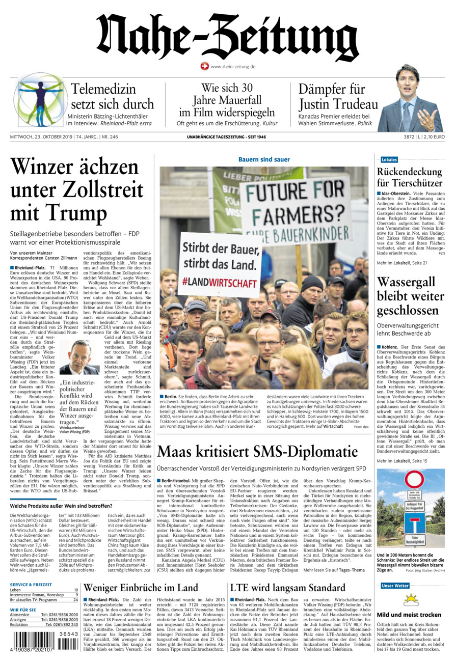 Nahe-Zeitung vom Mittwoch, 23.10.2019