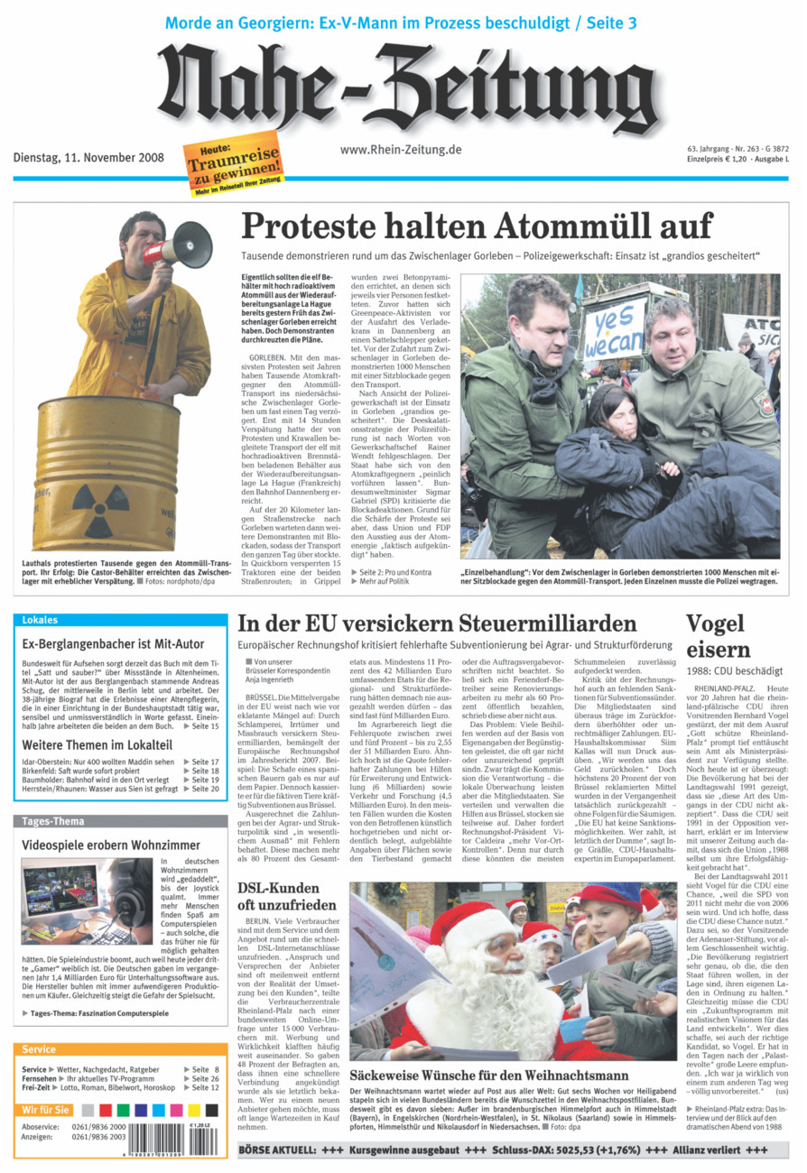 Nahe-Zeitung vom Dienstag, 11.11.2008