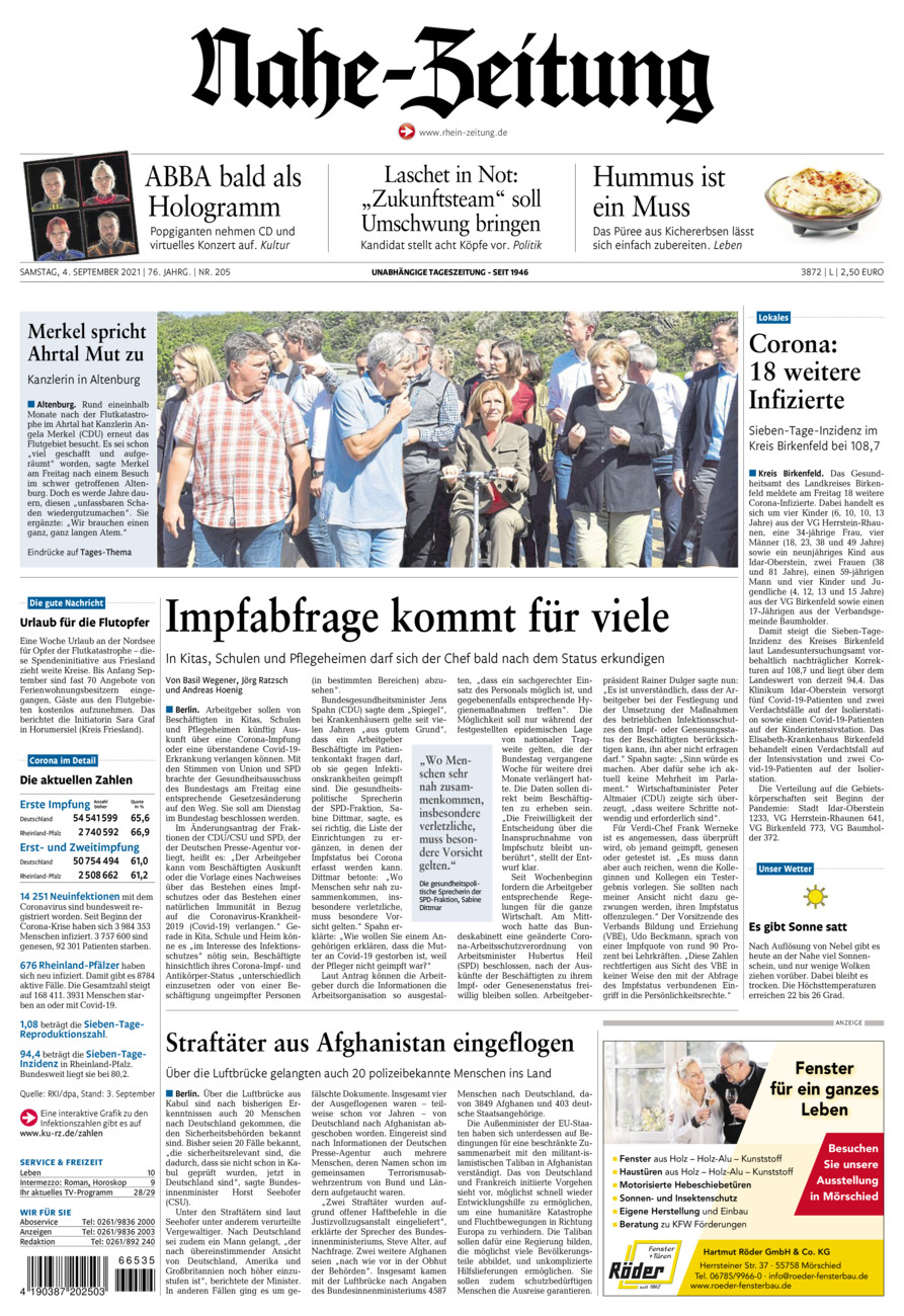 Nahe-Zeitung vom Samstag, 04.09.2021