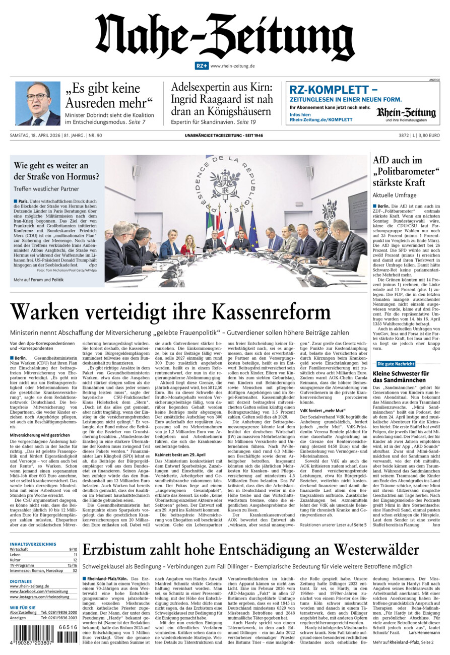 Nahe-Zeitung vom Samstag, 18.04.2026