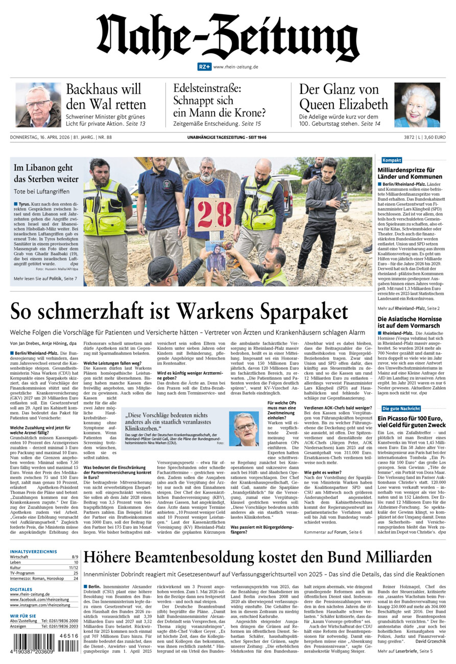Nahe-Zeitung vom Donnerstag, 16.04.2026