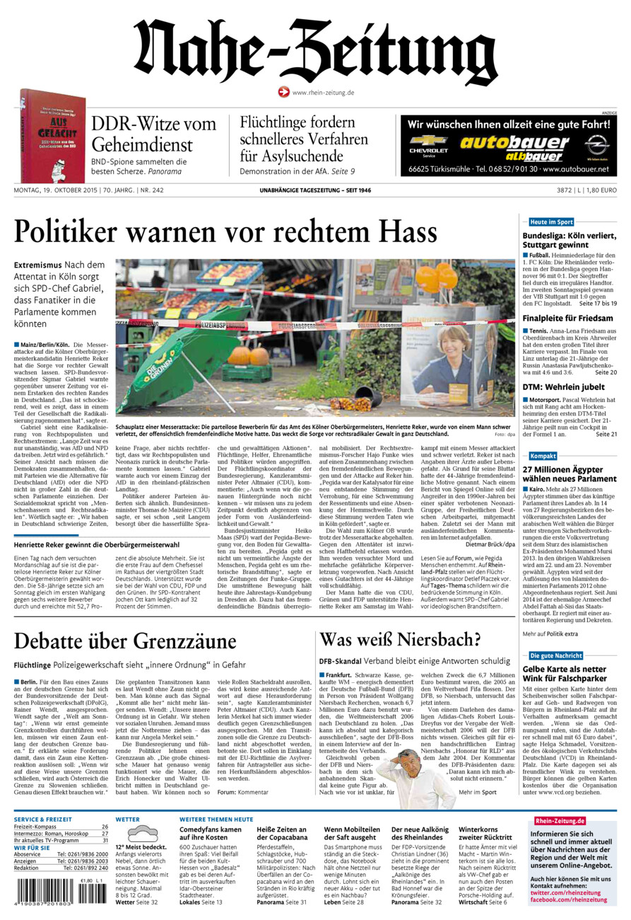 Nahe-Zeitung vom Montag, 19.10.2015