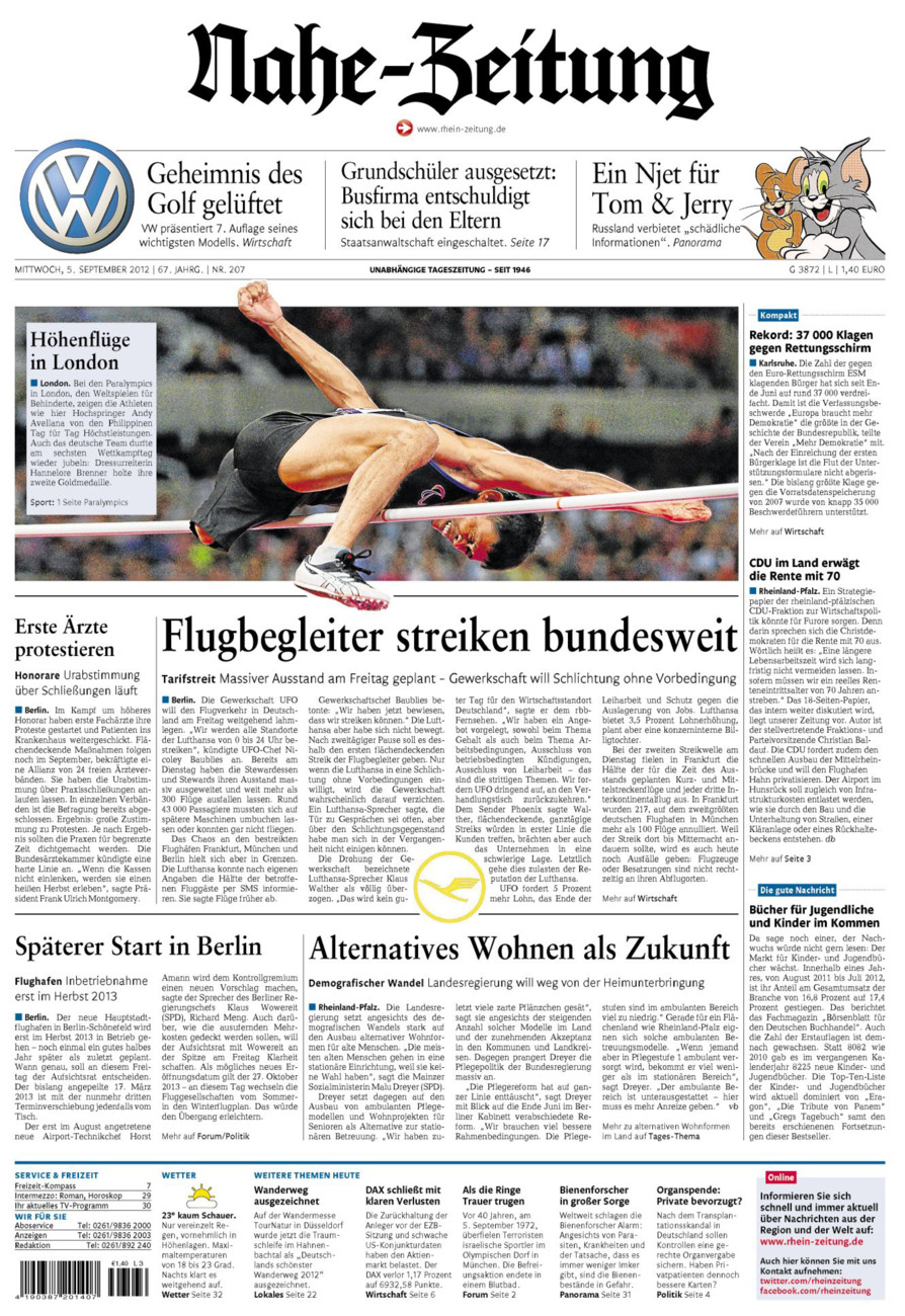 Nahe-Zeitung vom Mittwoch, 05.09.2012