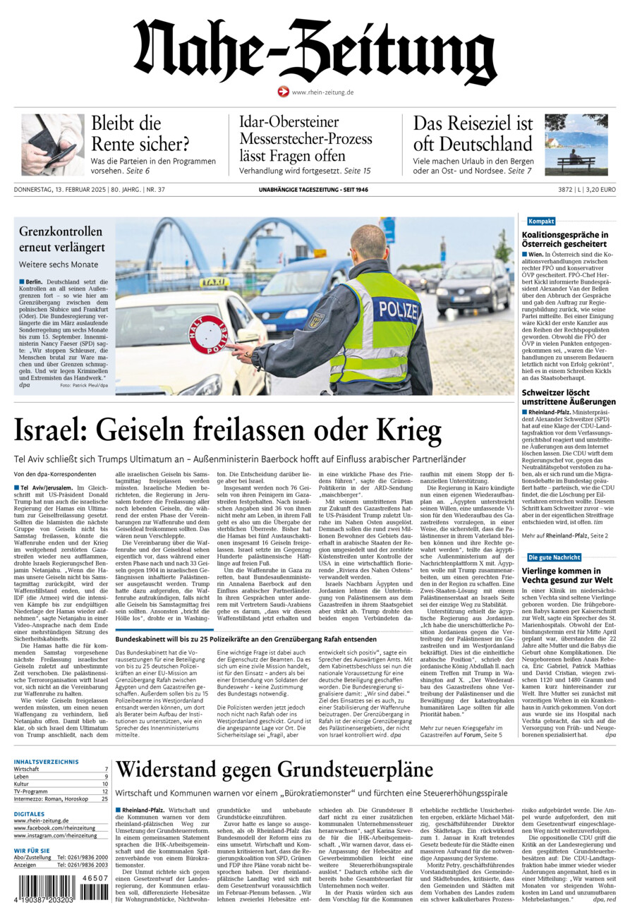 Nahe-Zeitung vom Donnerstag, 13.02.2025