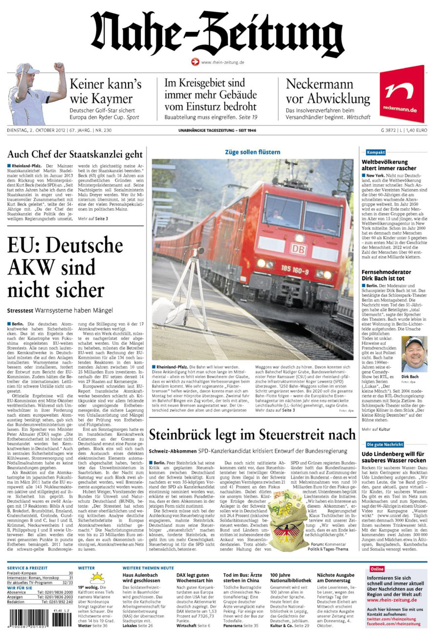 Nahe-Zeitung vom Dienstag, 02.10.2012