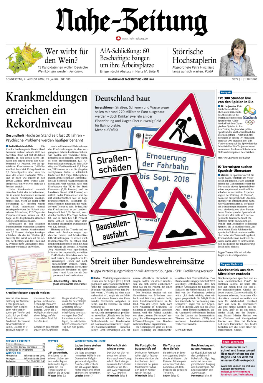 Nahe-Zeitung vom Donnerstag, 04.08.2016