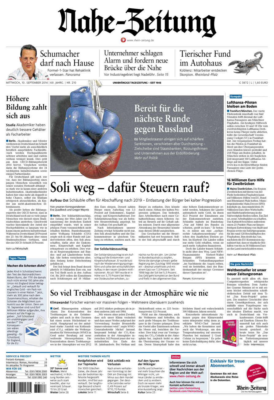 Nahe-Zeitung vom Mittwoch, 10.09.2014