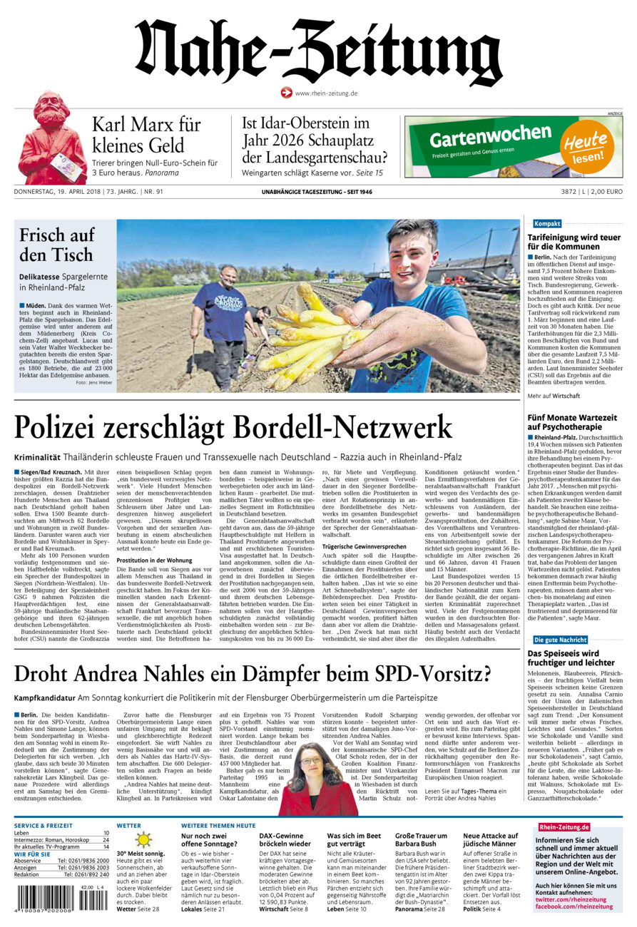 Nahe-Zeitung vom Donnerstag, 19.04.2018