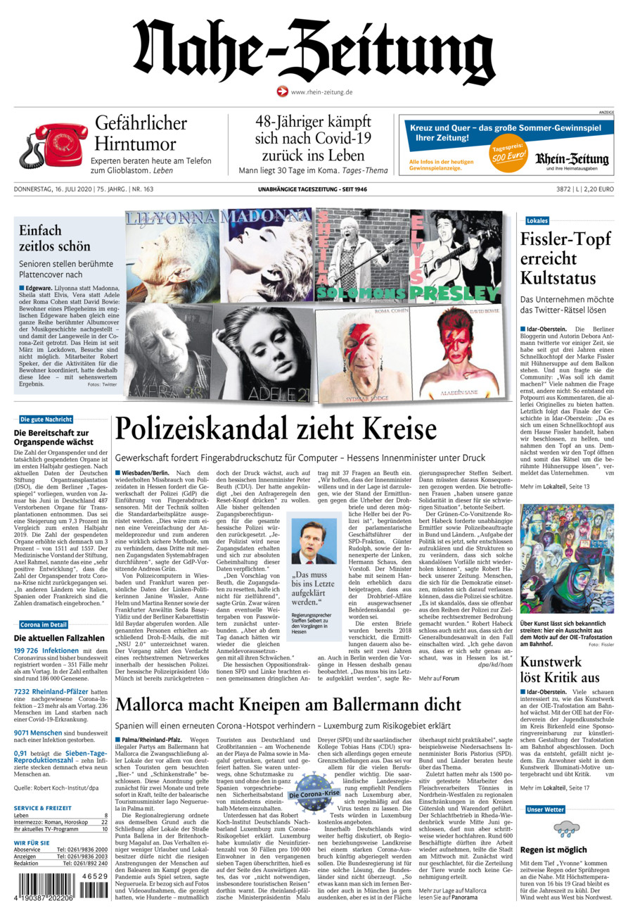 Nahe-Zeitung vom Donnerstag, 16.07.2020