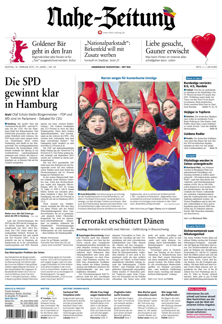Nahe-Zeitung vom Montag, 16.02.2015