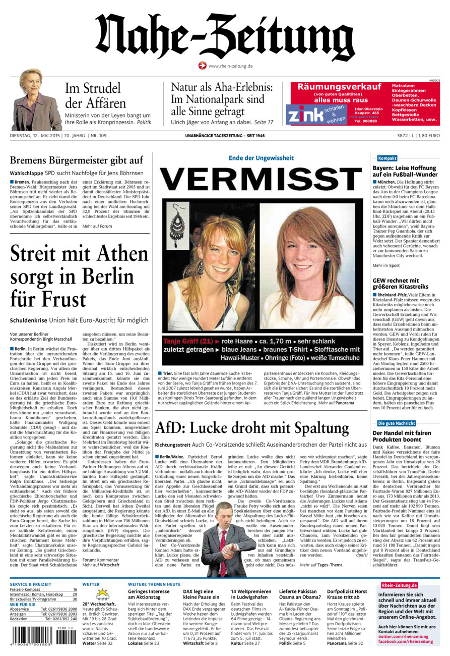 Nahe-Zeitung vom Dienstag, 12.05.2015