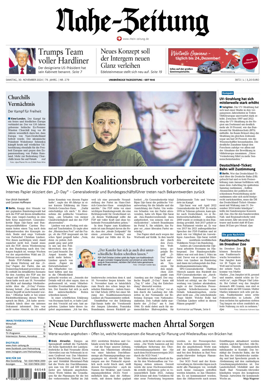 Nahe-Zeitung vom Samstag, 30.11.2024