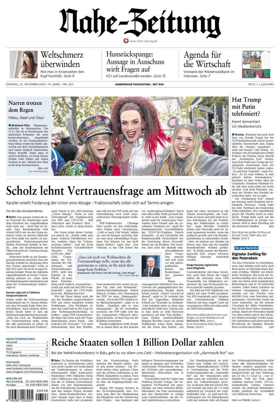 Nahe-Zeitung vom Dienstag, 12.11.2024