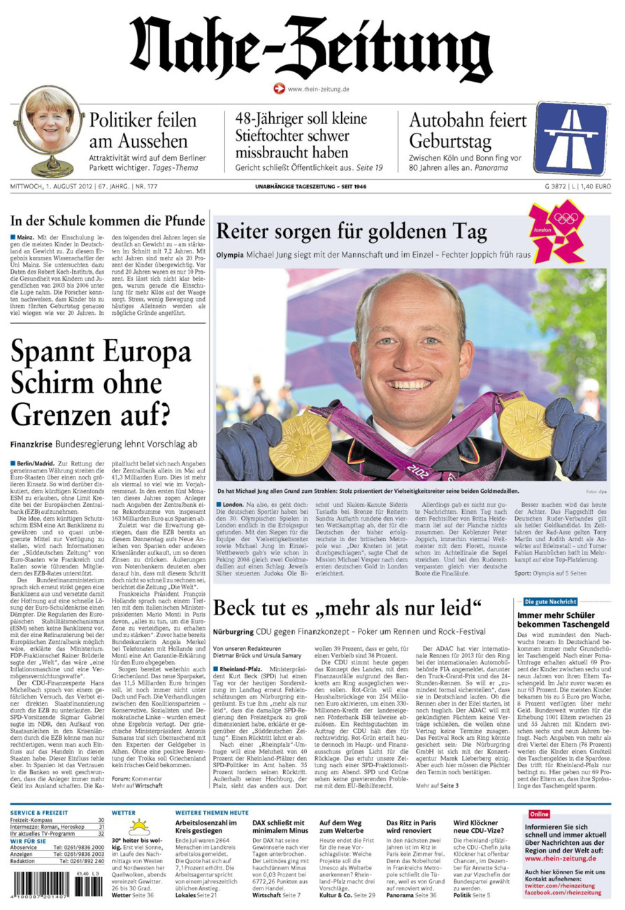 Nahe-Zeitung vom Mittwoch, 01.08.2012