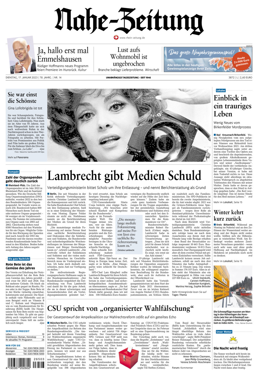 Nahe-Zeitung vom Dienstag, 17.01.2023