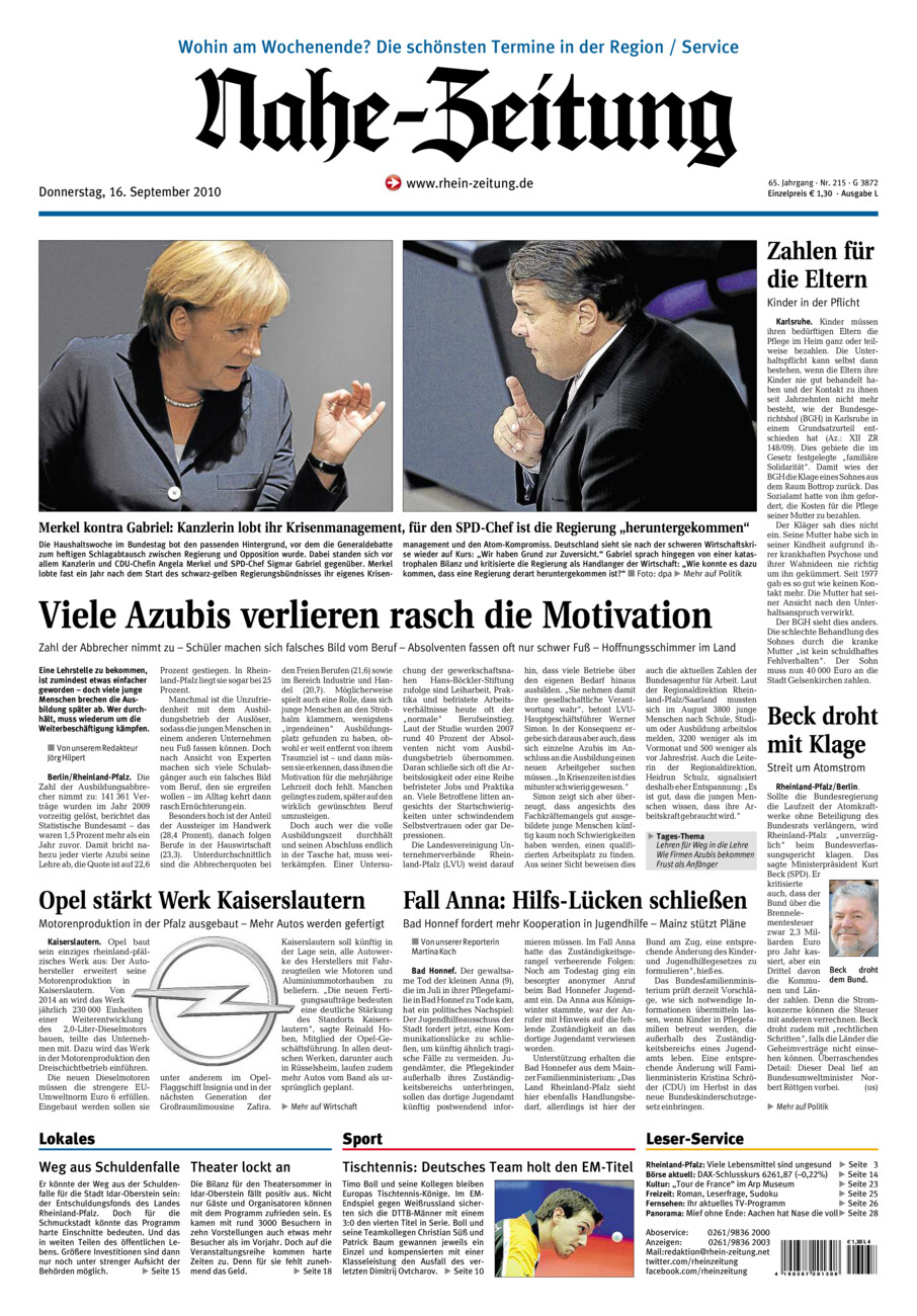 Nahe-Zeitung vom Donnerstag, 16.09.2010
