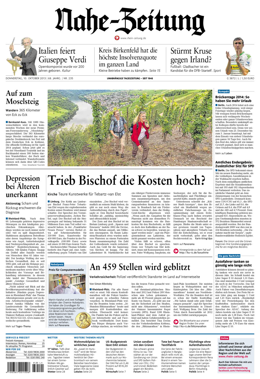 Nahe-Zeitung vom Donnerstag, 10.10.2013