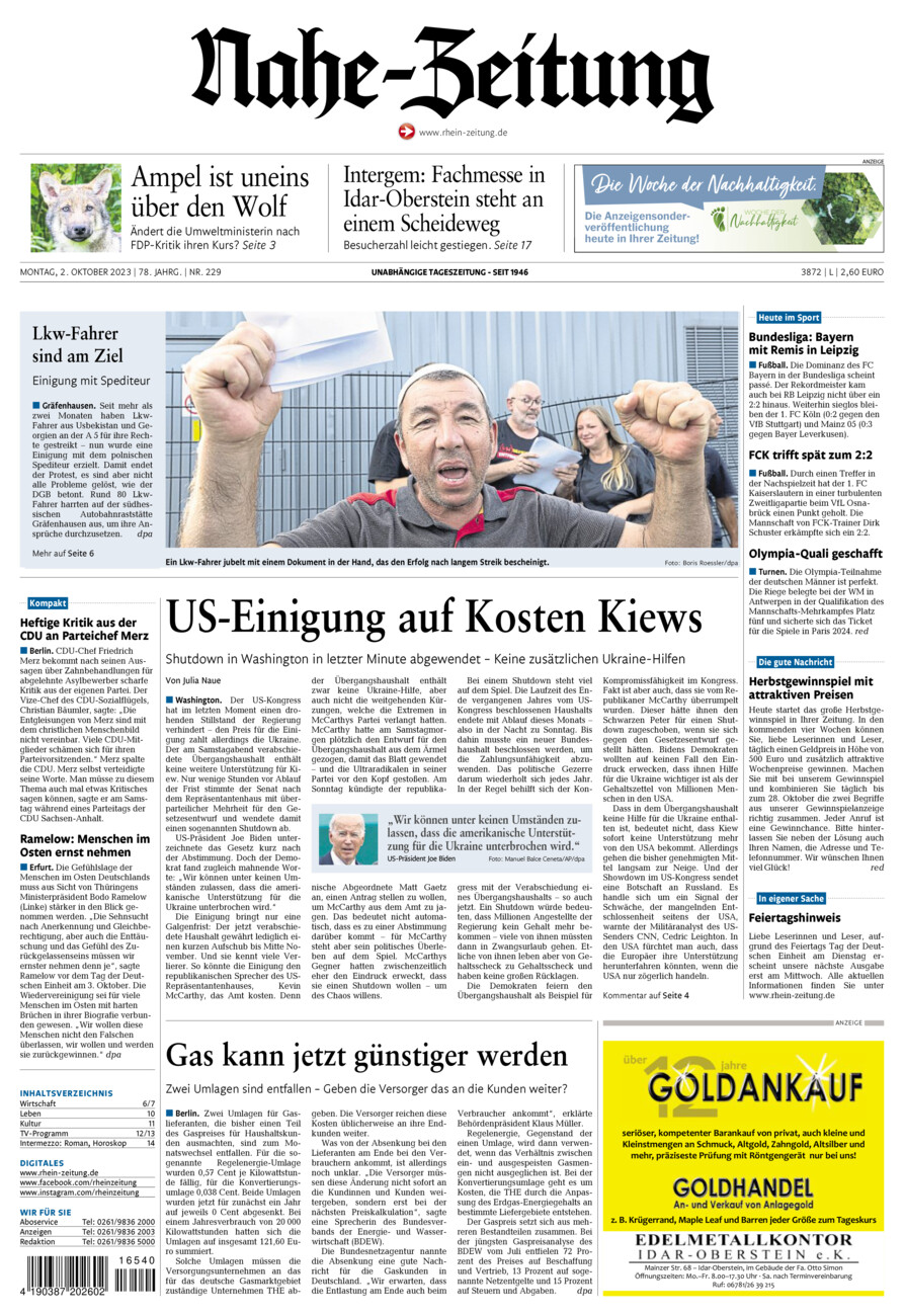 Nahe-Zeitung vom Montag, 02.10.2023