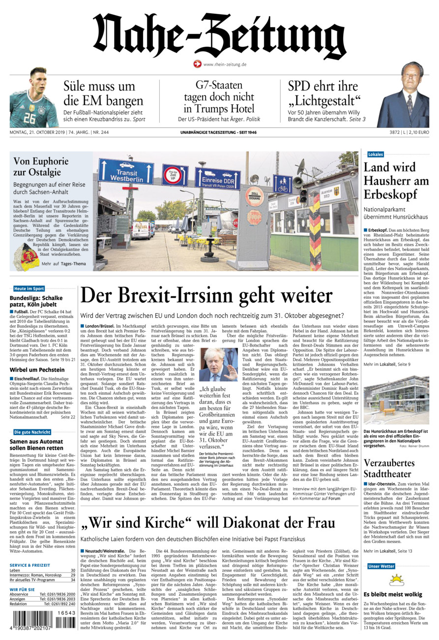 Nahe-Zeitung vom Montag, 21.10.2019