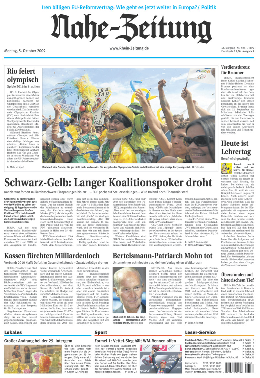 Nahe-Zeitung vom Montag, 05.10.2009