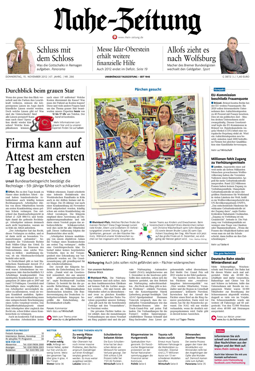Nahe-Zeitung vom Donnerstag, 15.11.2012