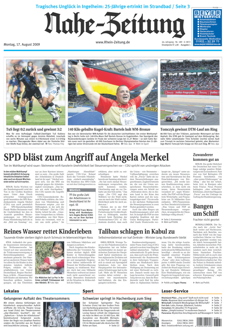 Nahe-Zeitung vom Montag, 17.08.2009