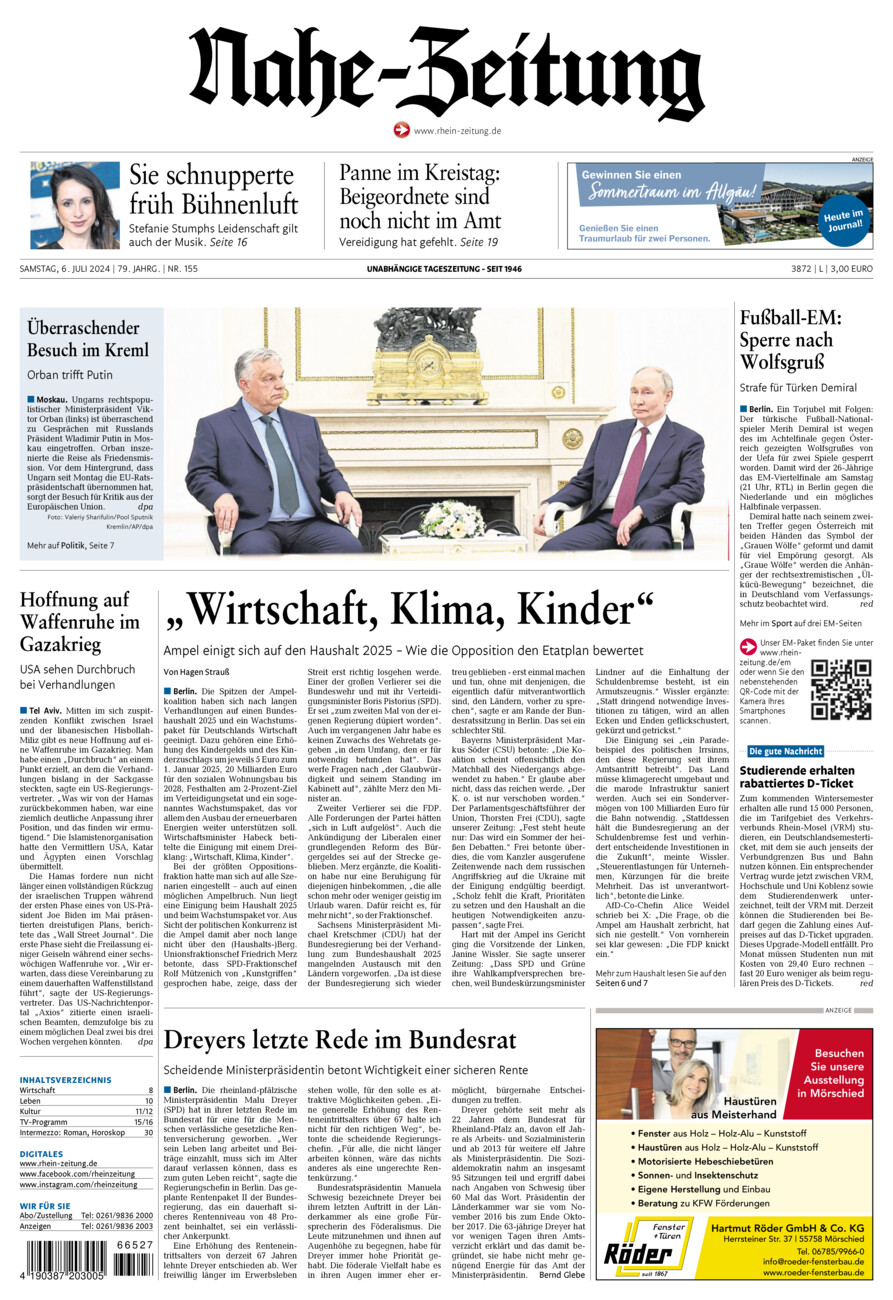 Nahe-Zeitung vom Samstag, 06.07.2024