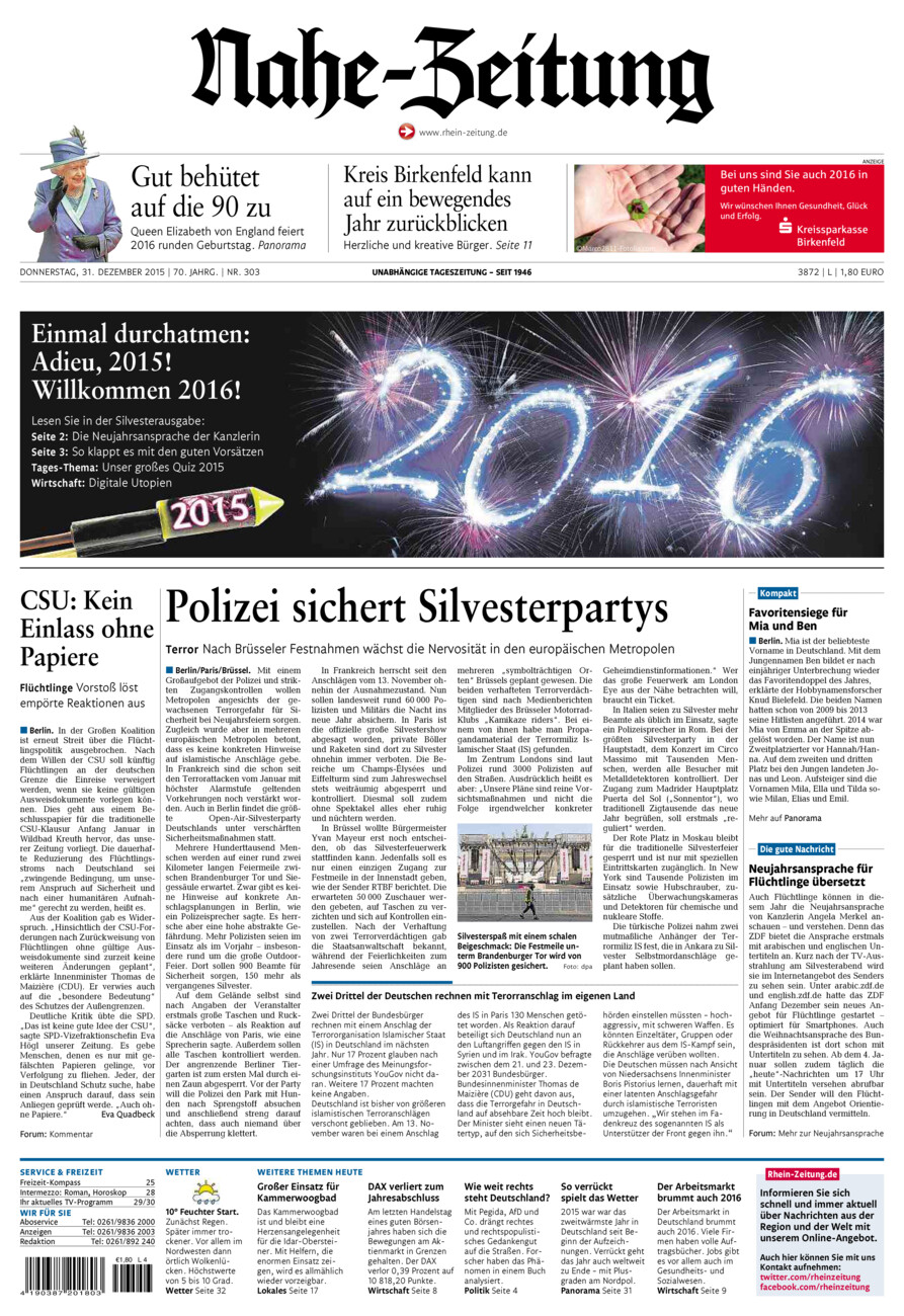 Nahe-Zeitung vom Donnerstag, 31.12.2015