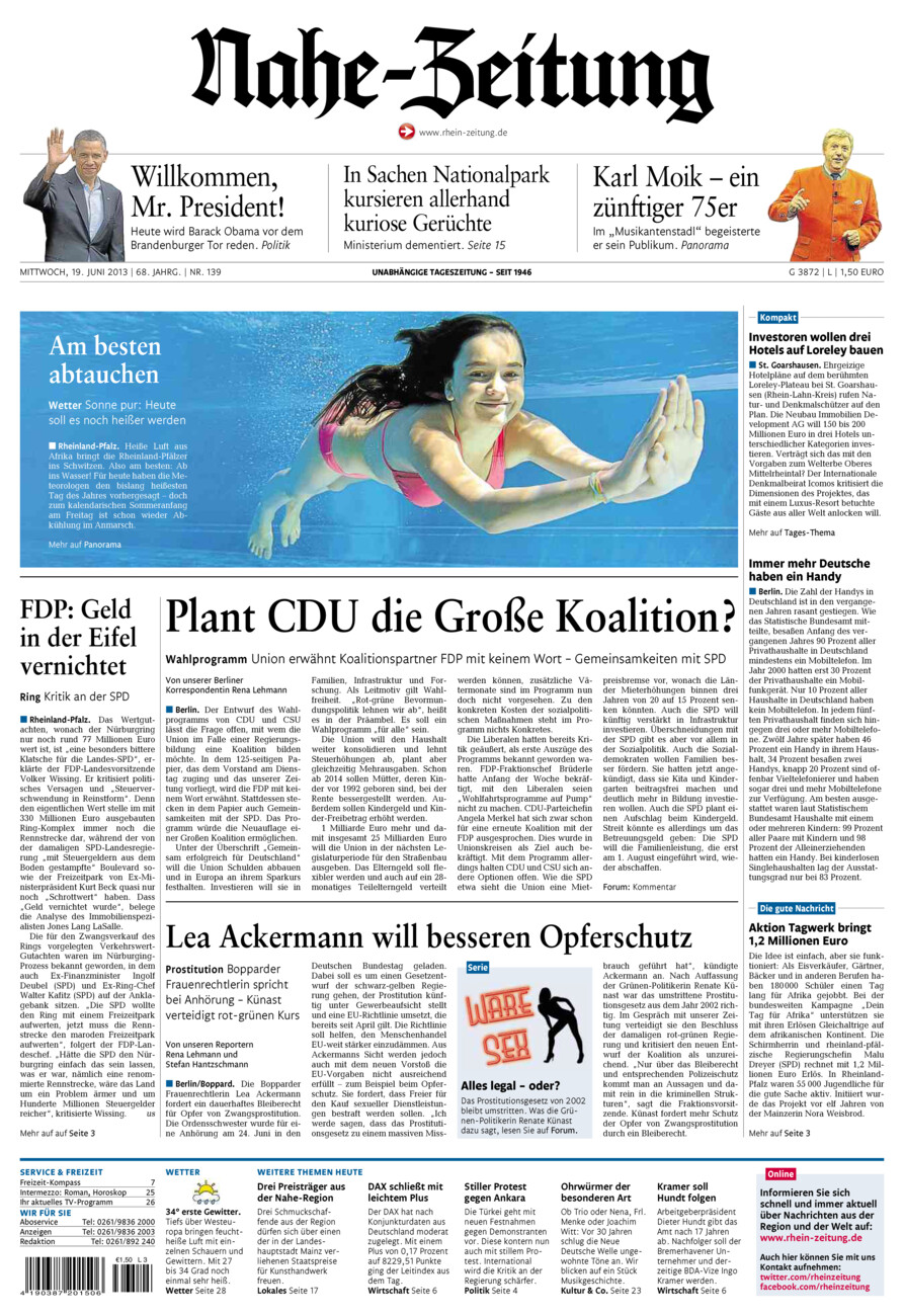 Nahe-Zeitung vom Mittwoch, 19.06.2013
