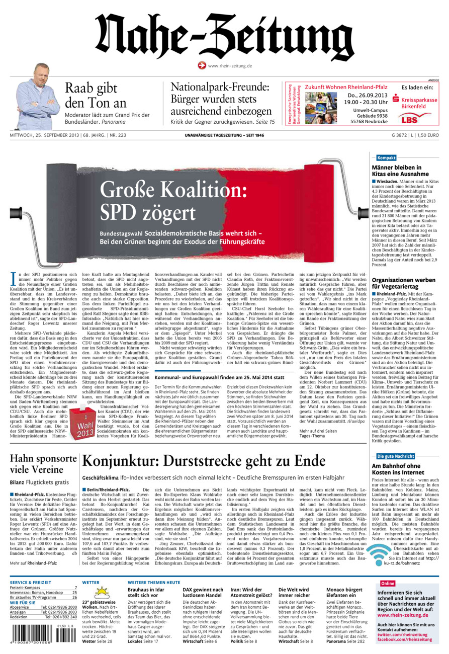 Nahe-Zeitung vom Mittwoch, 25.09.2013