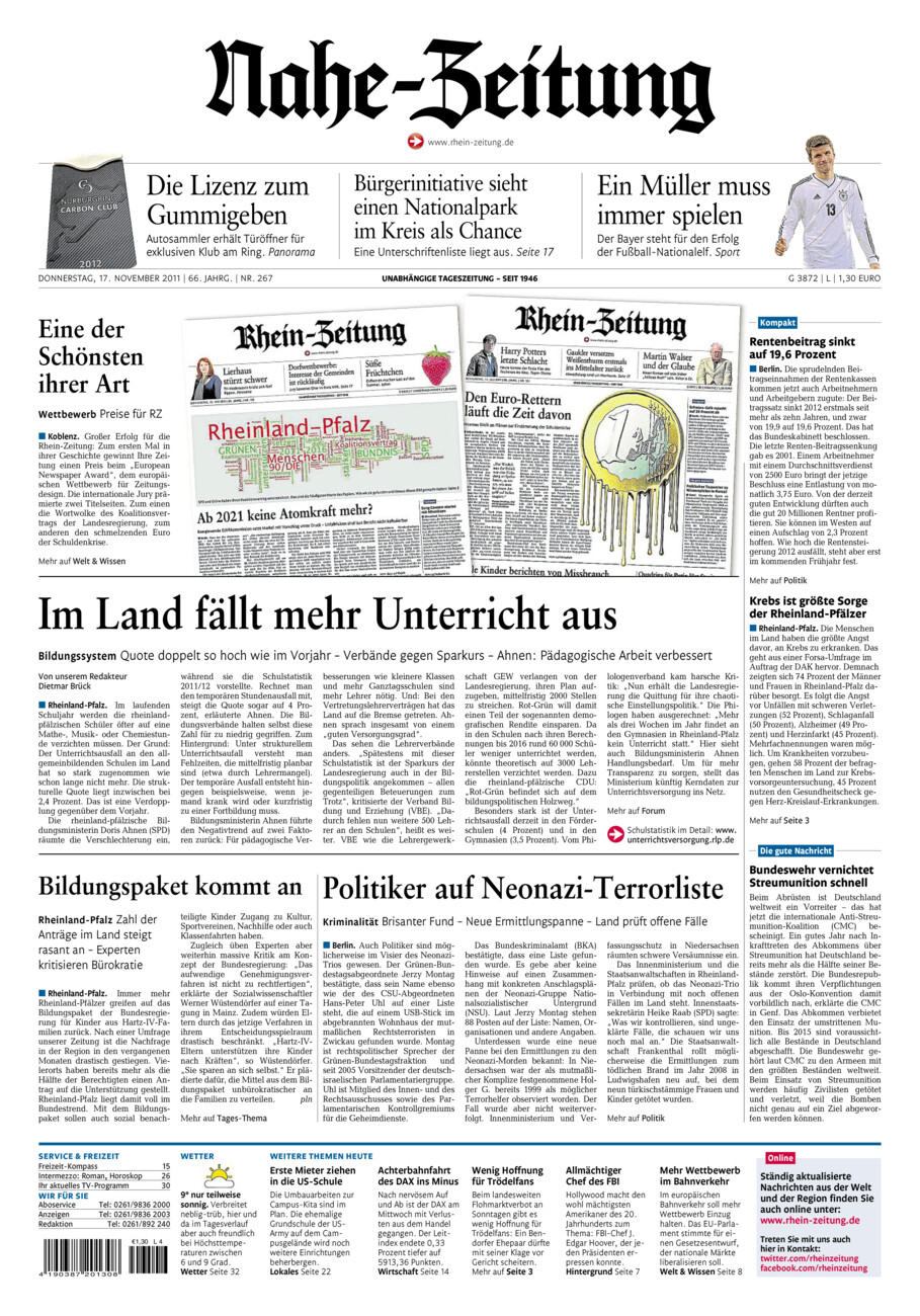 Nahe-Zeitung vom Donnerstag, 17.11.2011