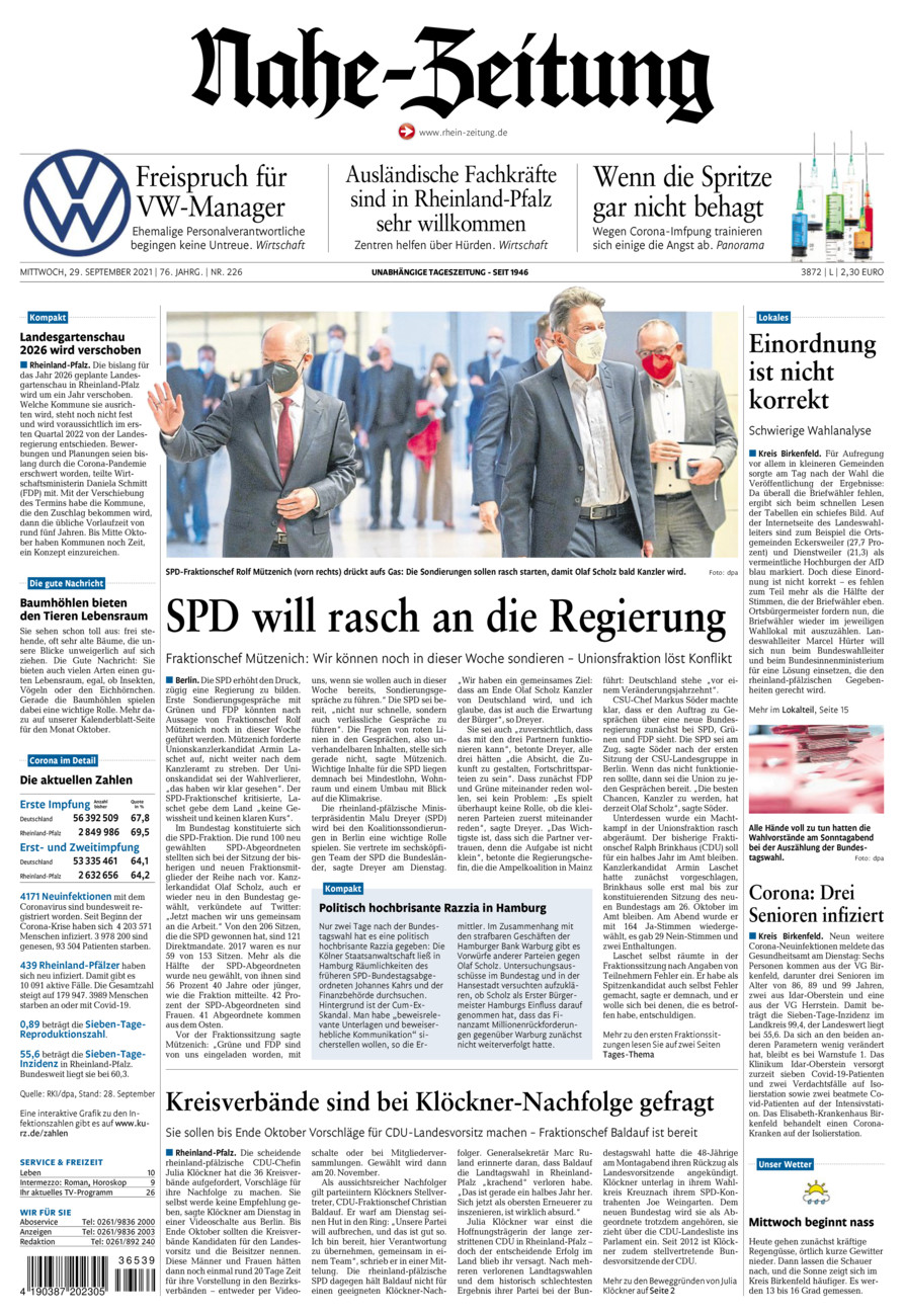 Nahe-Zeitung vom Mittwoch, 29.09.2021