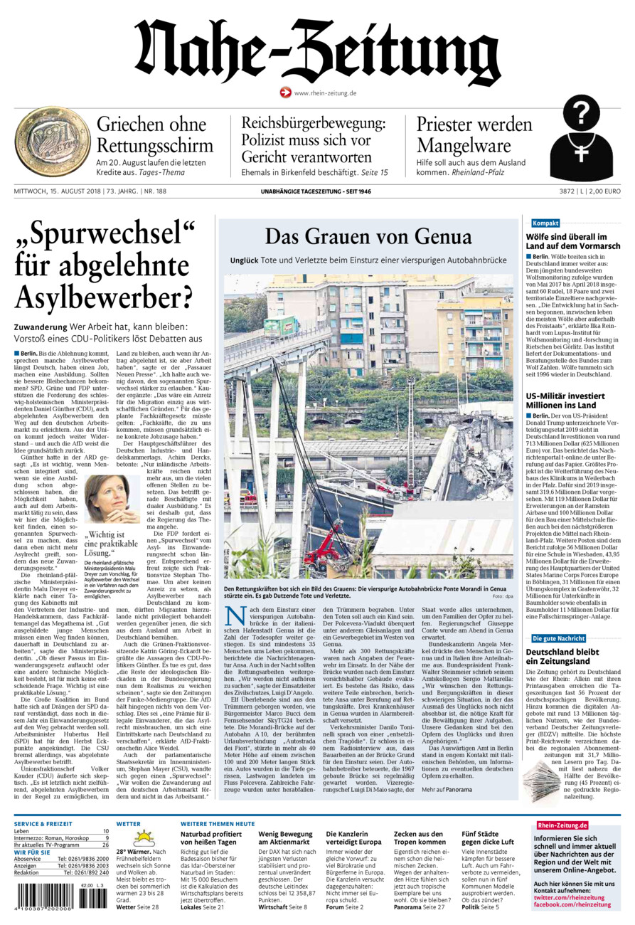 Nahe-Zeitung vom Mittwoch, 15.08.2018