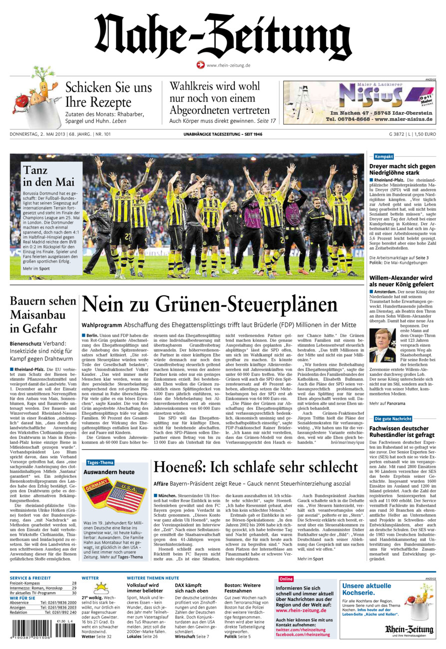 Nahe-Zeitung vom Donnerstag, 02.05.2013
