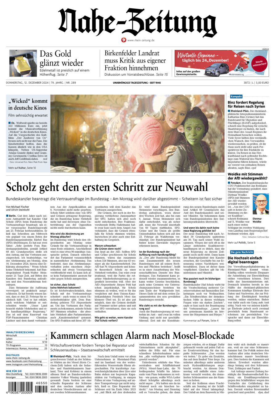 Nahe-Zeitung vom Donnerstag, 12.12.2024