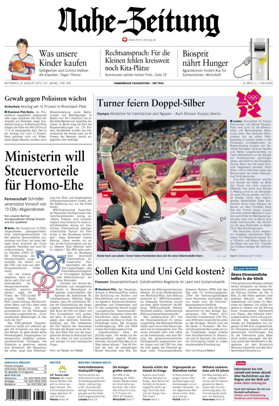 Nahe-Zeitung vom Mittwoch, 08.08.2012