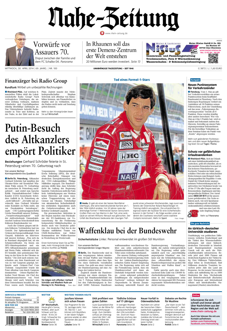 Nahe-Zeitung vom Mittwoch, 30.04.2014
