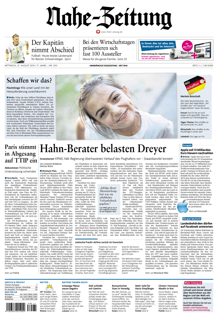 Nahe-Zeitung vom Mittwoch, 31.08.2016
