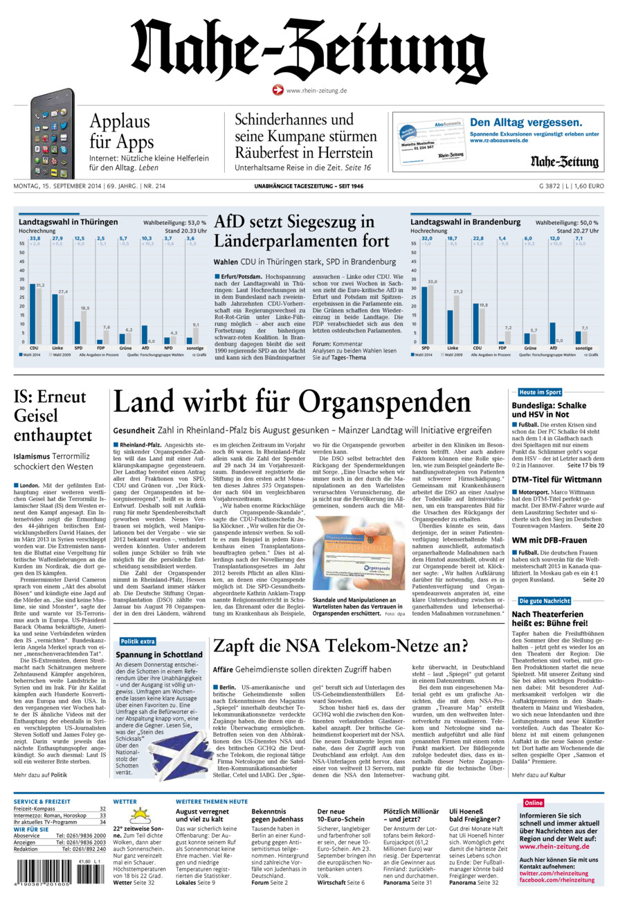 Nahe-Zeitung vom Montag, 15.09.2014