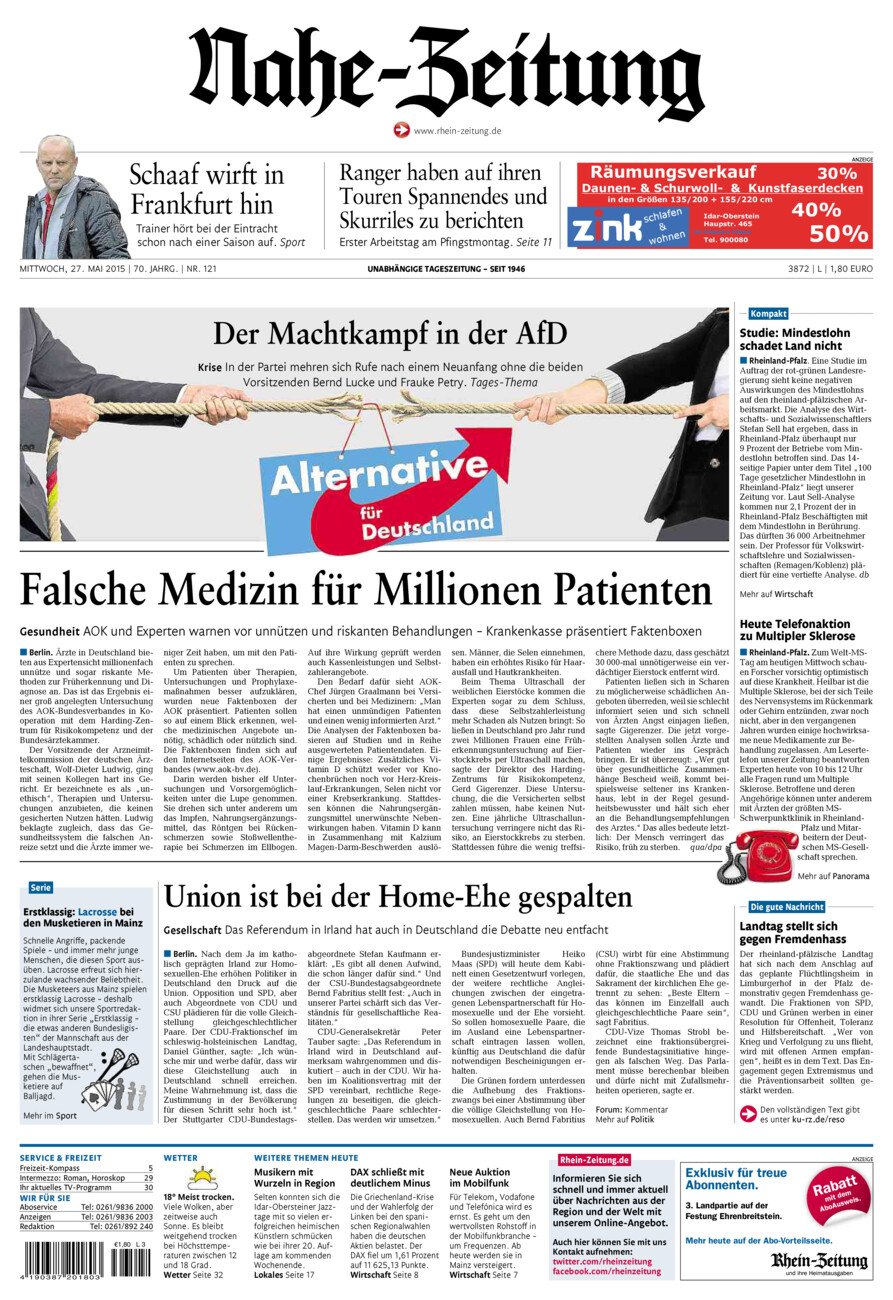 Nahe-Zeitung vom Mittwoch, 27.05.2015