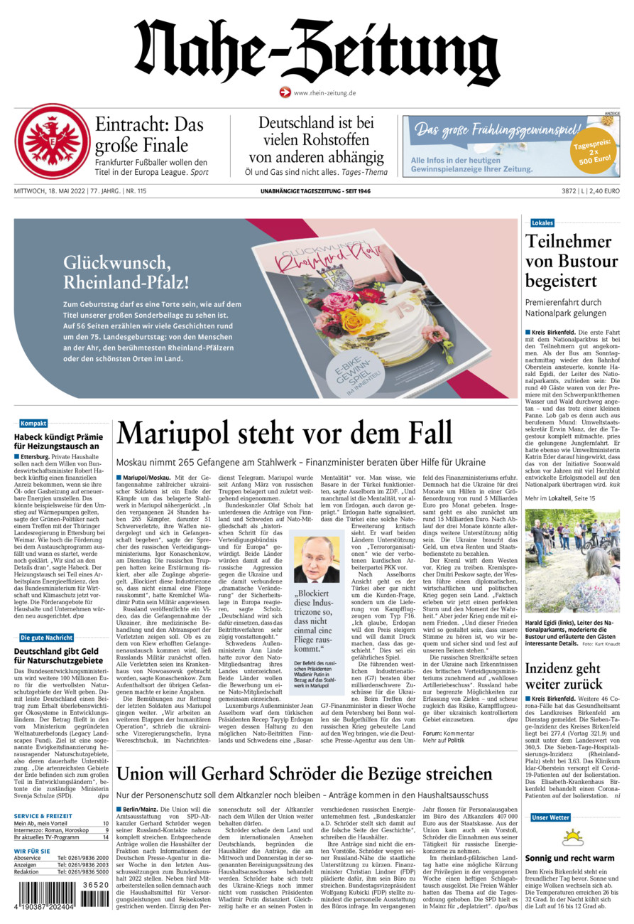 Nahe-Zeitung vom Mittwoch, 18.05.2022