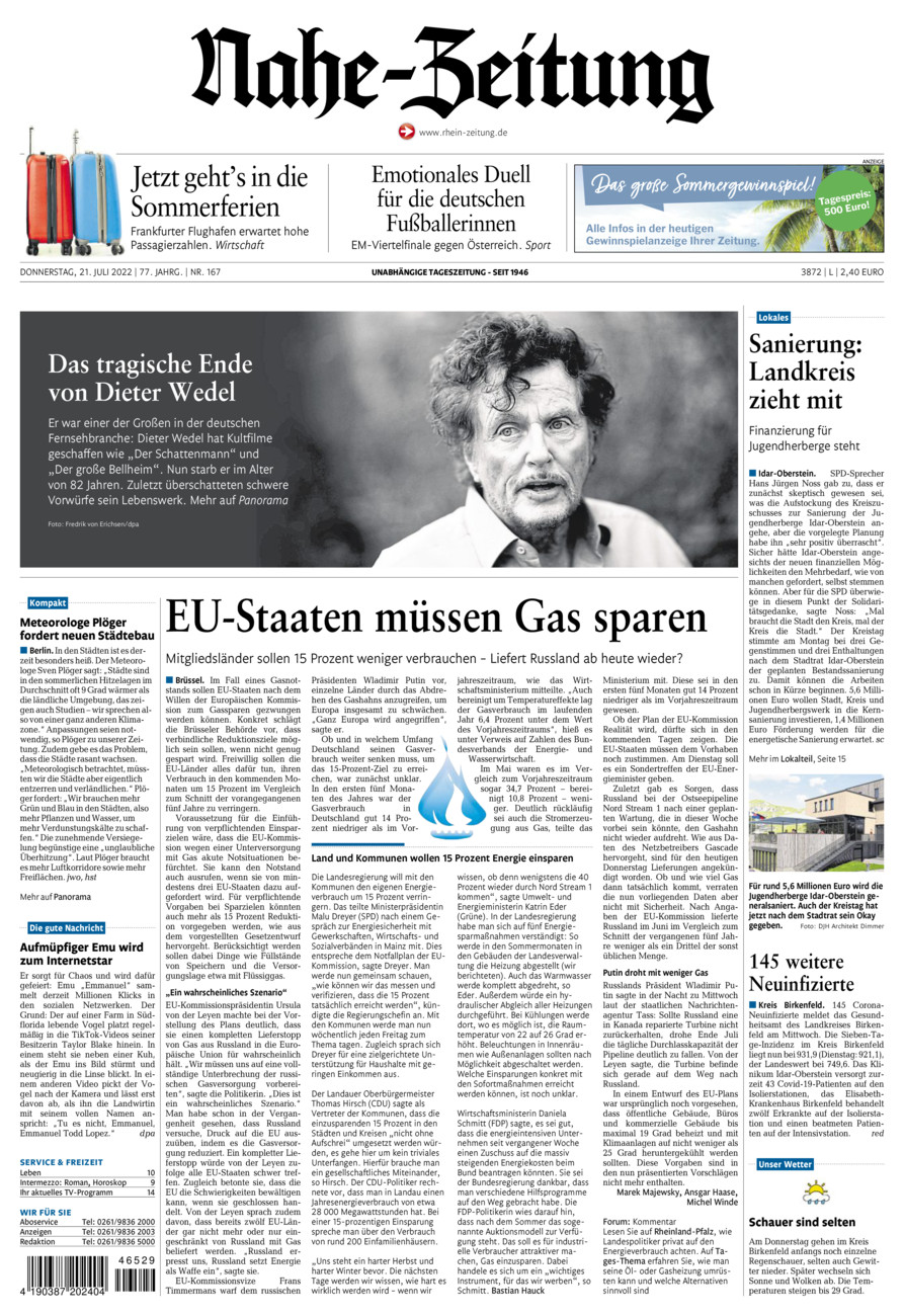 Nahe-Zeitung vom Donnerstag, 21.07.2022