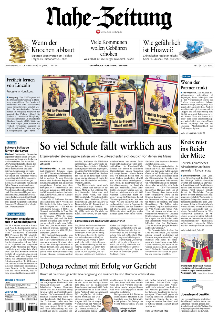Nahe-Zeitung vom Donnerstag, 17.10.2019