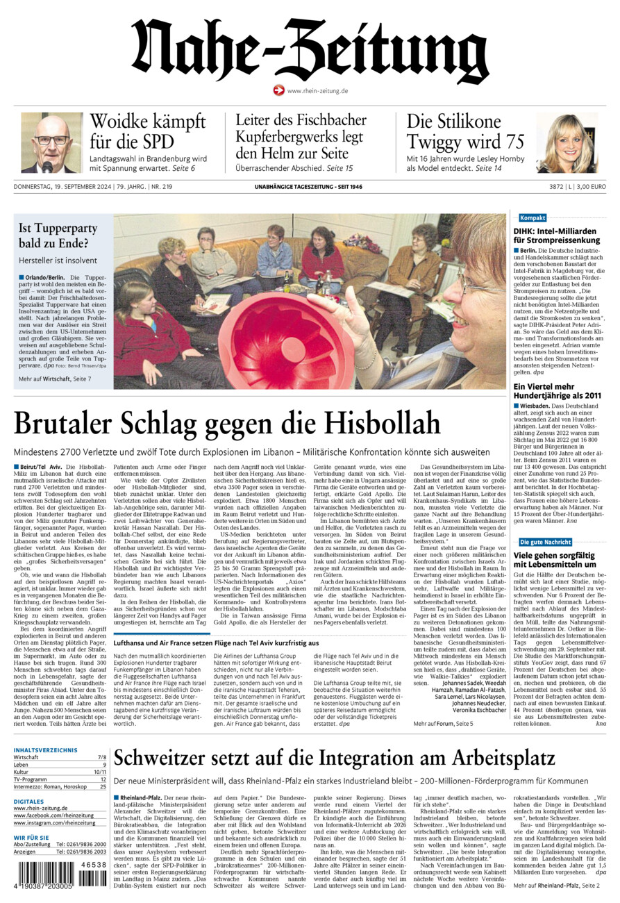 Nahe-Zeitung vom Donnerstag, 19.09.2024