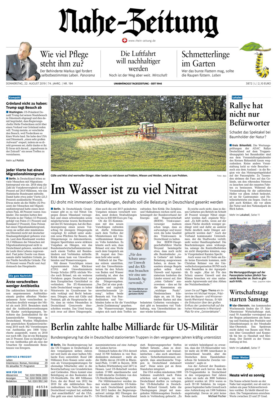 Nahe-Zeitung vom Donnerstag, 22.08.2019