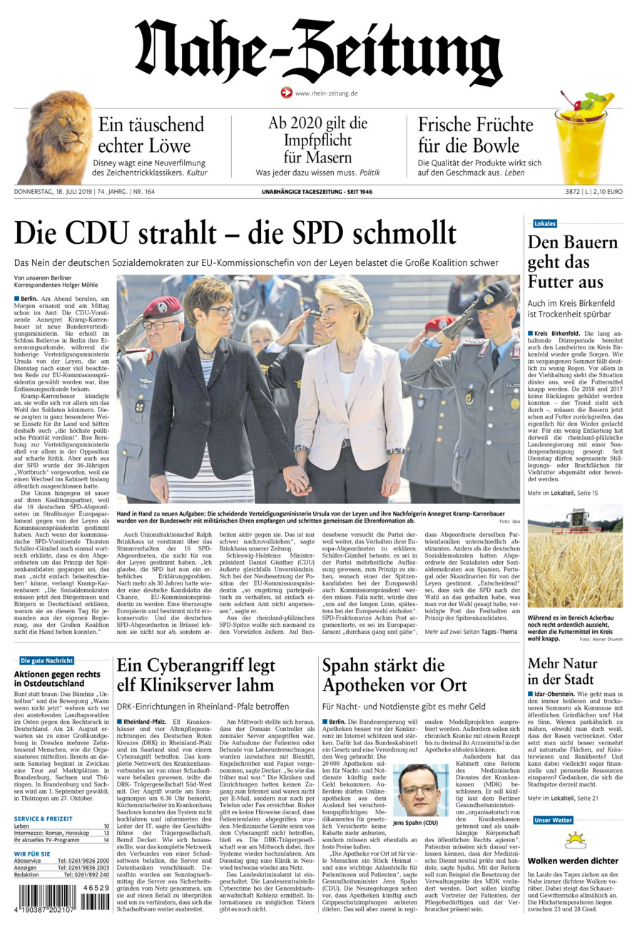 Nahe-Zeitung vom Donnerstag, 18.07.2019