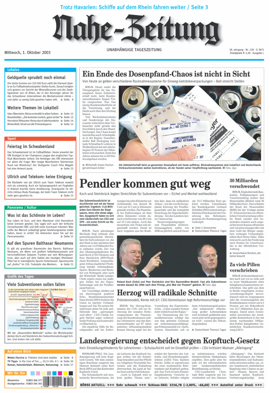 Nahe-Zeitung vom Mittwoch, 01.10.2003