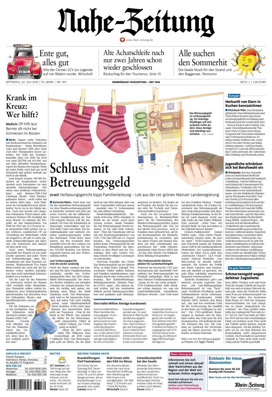 Nahe-Zeitung vom Mittwoch, 22.07.2015