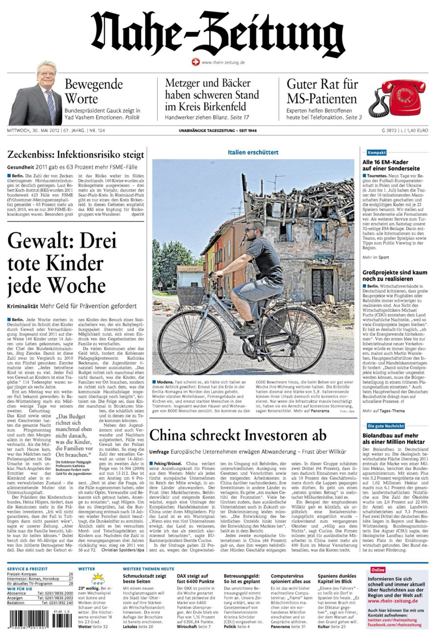 Nahe-Zeitung vom Mittwoch, 30.05.2012